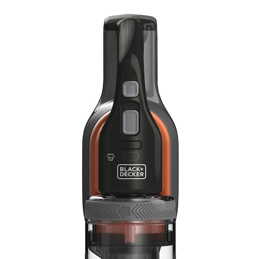 Front view of a BLACK+DECKER cordless vacuum cleaner, showing its handle, control buttons, and the brand logo.