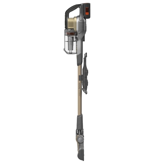 A BLACK+DECKER cordless stick vacuum cleaner with attachments mounted on the handle, shown upright in profile view.