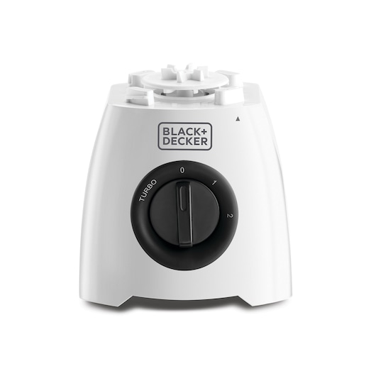Photo of BLACK+DECKER BL405 white blender base with black control dial, front angle on white background.