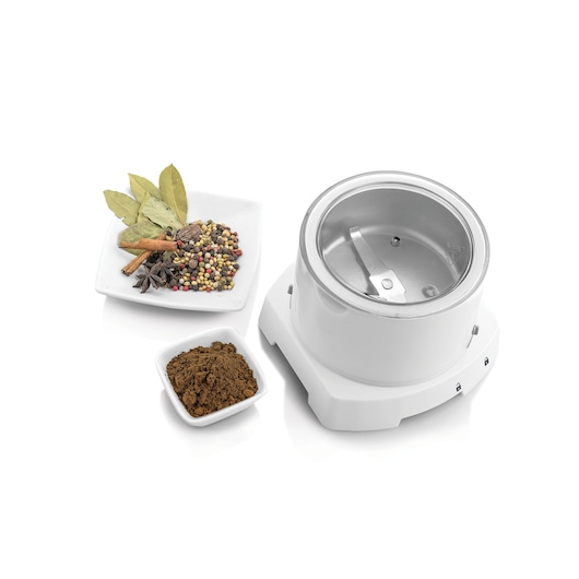 BLACKDECKER BL405 spice grinder with stainless steel blade, shown with whole and ground spices, front angle.