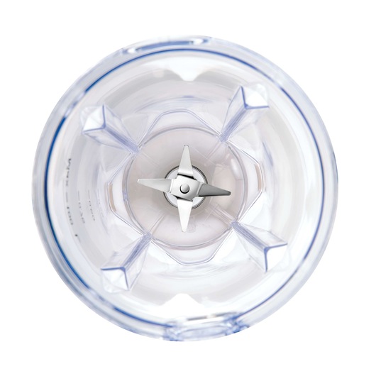 BLACKDECKER BL405 blender jar top view with stainless steel blades, clear plastic, on white background.