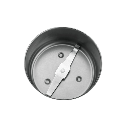 BLACK+DECKER BL405 stainless steel grinder bowl with metal blade, top view, white background.