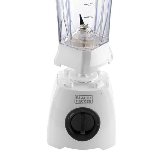 BLACKDECKER BL405 white countertop blender, front angle, clear jar with measurement markings, black control dial.