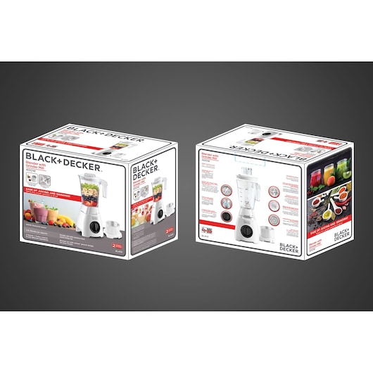Photo of BLACK+DECKER BL405 blender with grinder, 400W, white, product packaging box with images of the blender and fruits.