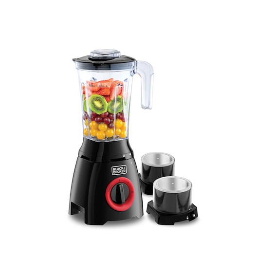 BLACKDECKER BL415 black blender with fruits in jar and two extra containers, front angle.
