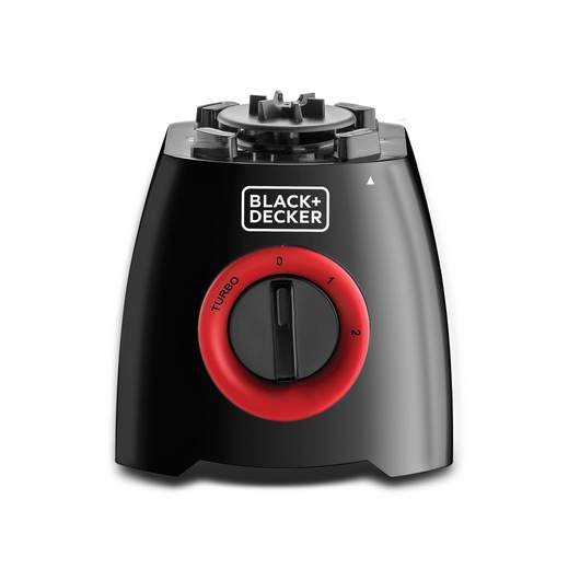 BLACK+DECKER BL415 blender base in black with red control dial, front angle, photography on white background.