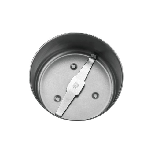 BLACKDECKER BL415 metal blender jar with sharp stainless steel blade, top view, white background.
