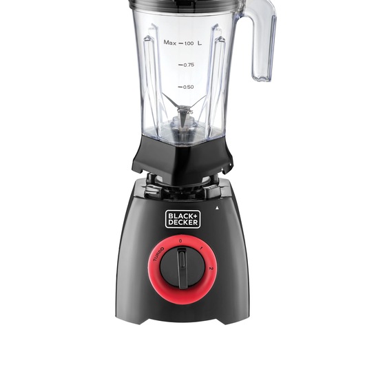 BLACKDECKER BL415 black blender with red dial, clear jar, front angle on white background.