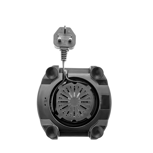 BLACK+DECKER BL415 blender base with power cord and UK plug shown from bottom angle, black color, on white background.