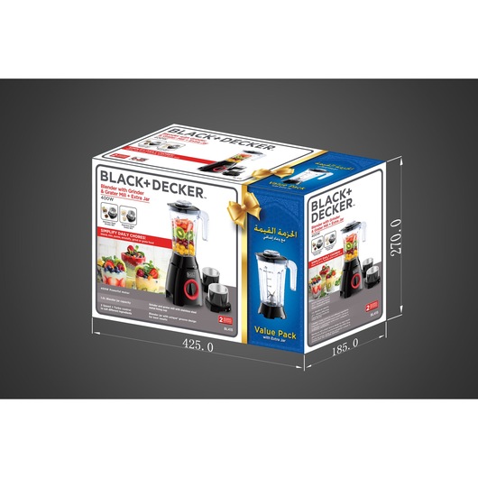 Photo of BLACK+DECKER BL415 blender with grinder and grater, value pack box with extra jar, 400W, front angled view.