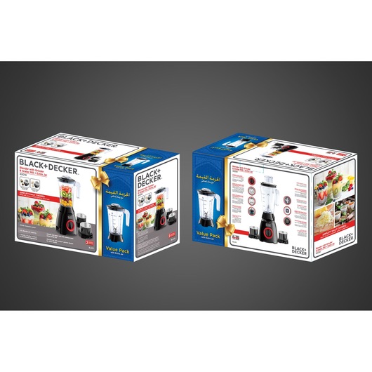 Photo of BLACK+DECKER BL415 blender value pack boxes with gift ribbon on dark background.