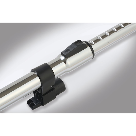 BLACKDECKER BV2000 vacuum tube close-up, silver metal with black plastic locking mechanism, side view.
