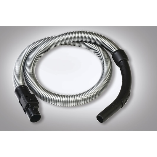 BLACKDECKER BV2000 flexible silver vacuum hose with black connectors, top view on white background.