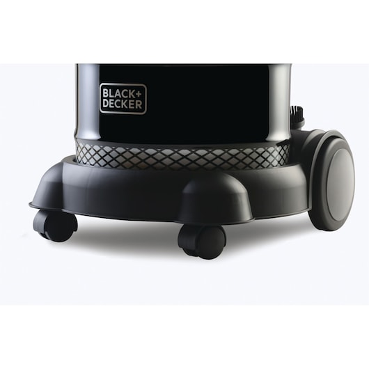 BLACK+DECKER BV2000 vacuum base in black with wheels and mesh accent, product side angle on white background.