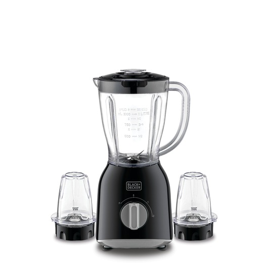 Black+Decker blender BX365E in black, shown with a main blending jar and two smaller accessory jars, all with clear lids and visible measurement markings.
