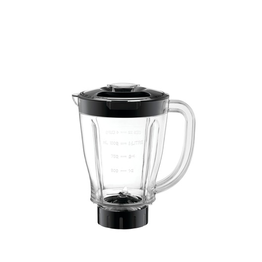 A transparent blender jar with a black lid and handle, featuring measurement markings on the side and a blade assembly at the bottom.