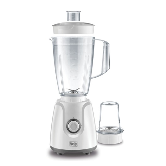 A BLACK+DECKER BX4030 blender in white with a transparent pitcher, control knob, and an additional smaller accessory, displayed on a white background.
