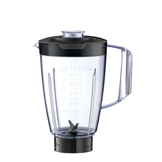 A clear plastic blender jar with a handle, black lid, and visible measurement markings. The jar contains a metal blade at the bottom and is shown isolated on a white background.
