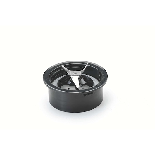 BLACKDECKER BX440G black blender blade attachment, side angle, with metal blade and plastic housing.