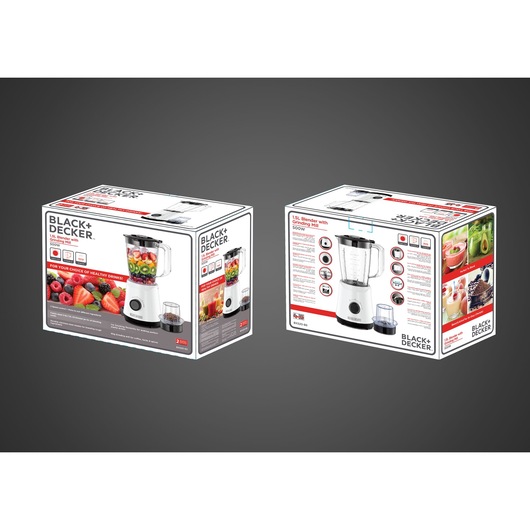 Photo of BLACK+DECKER BX520 blender packaging box, showing product image, features, and food preparation ideas.