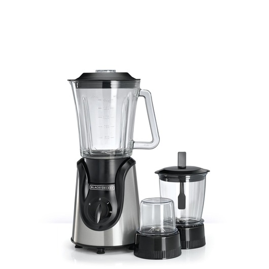 BLACKDECKER BX600G blender set with stainless steel base, large glass jug, two grinding jars, front angle.