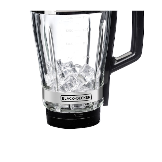 Photo of BLACK+DECKER BX650G blender jug with ice cubes, clear glass, black handle, side angle, white background.