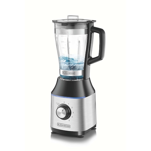 BLACK+DECKER BX650G blender with stainless steel base, black handle, and transparent jug, front angle.