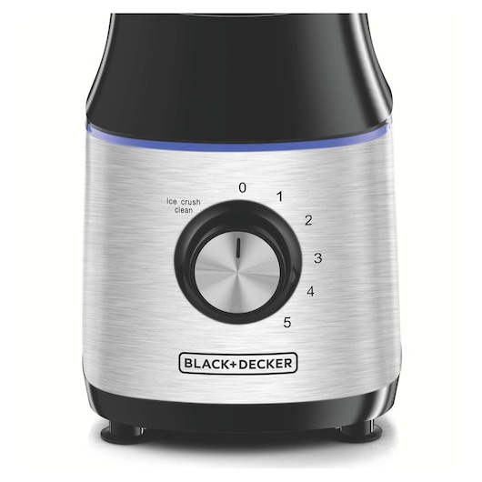 BLACK+DECKER BX650G blender base with brushed metal finish and control knob, front angle.