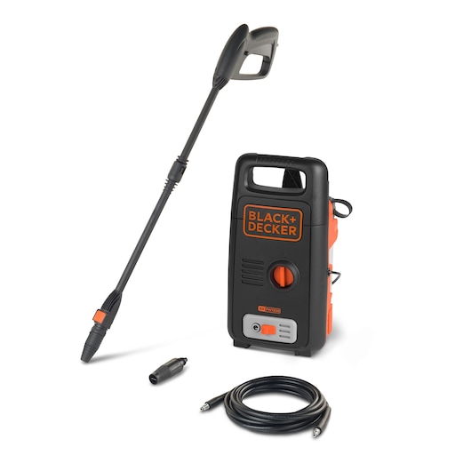 BLACK+DECKER BXPW1300E pressure washer in black and orange, shown with nozzle, hose, and connector, front angle.