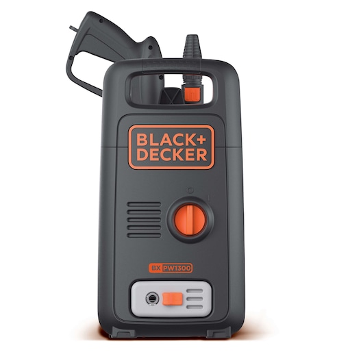 BLACK+DECKER BXPW1300E pressure washer front view, black and orange design, brand logo visible.