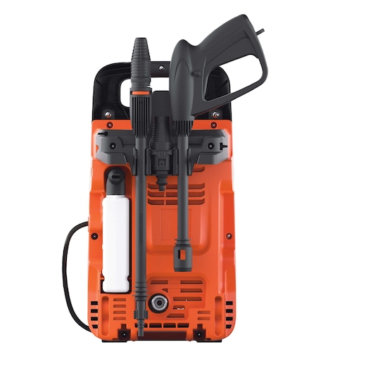 BLACKDECKER BXPW1300E pressure washer front angle, orange body, black handle and attachments, on white background.