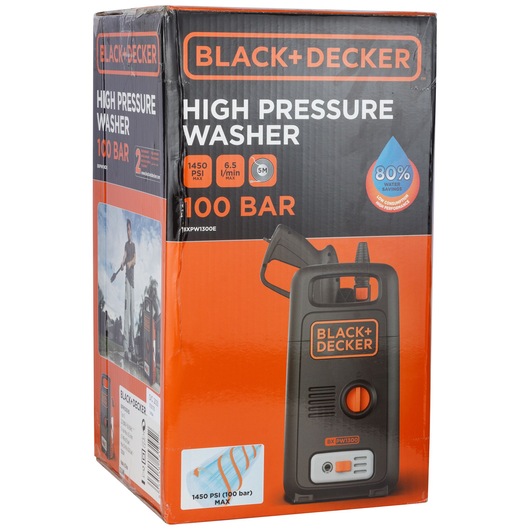 Photo of BLACK+DECKER BXPW1300E high pressure washer box, black and orange packaging, product image front angle.