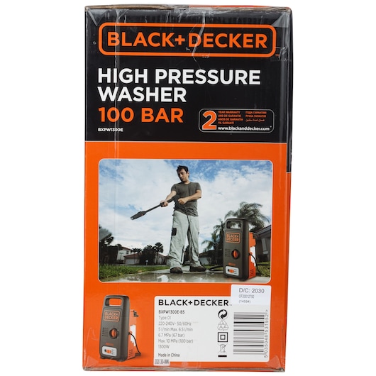BLACK+DECKER BXPW1300E high pressure washer packaging front with product images and specifications.