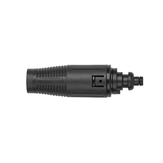 BLACKDECKER BXPW1300E black plastic pressure washer hose connector, side angle on white background.