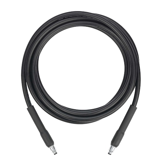 BLACKDECKER BXPW1300E black pressure washer hose with metal connectors, photography, top view.