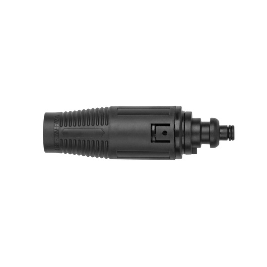 BLACKDECKER BXPW1400E black hose connector, ribbed grip, photography, side angle, white background.