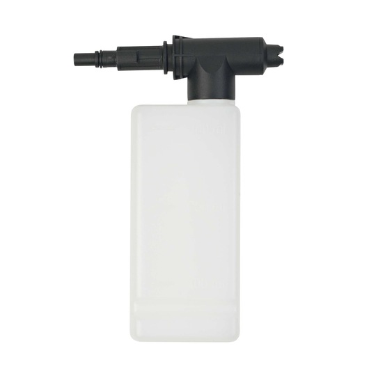 BLACK+DECKER BXPW1400E pressure washer detergent bottle, white plastic with black nozzle, front angle.