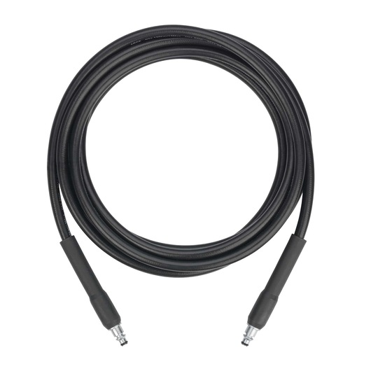BLACKDECKER BXPW1400E black pressure washer hose with metal connectors, top view on white background.