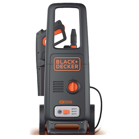 BLACK+DECKER BXPW1600E pressure washer front view, black and orange design, hose and handle visible.