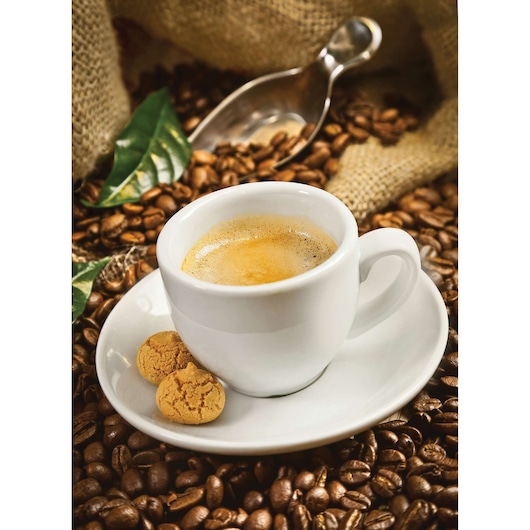 BLACKDECKER CBM4 photography of cup of espresso with two cookies on saucer, coffee beans and scoop in background