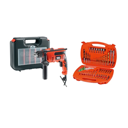BLACK+DECKER corded hammer drill with side handle, hard carrying case, and accessory set, CD714REKMEA5-B5 front view.