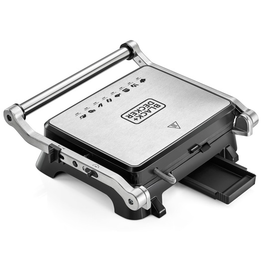 Photo of BLACK+DECKER CG1400 stainless steel contact grill with handle and drip tray, side angle on white background.