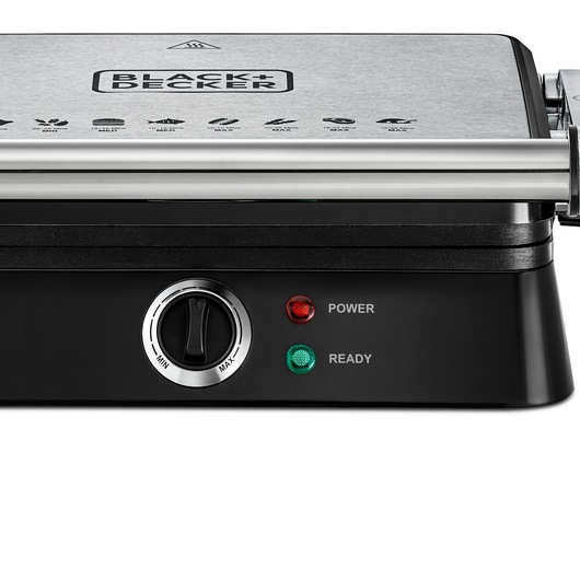 Photo of BLACK+DECKER CG1400 contact grill front view with temperature dial and power, ready indicator lights.