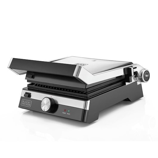 BLACKDECKER CG2000 silver and black panini press with control knob and indicator lights, front angle.