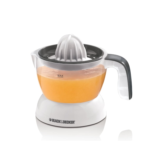BLACK+DECKER CJ200 citrus juicer with transparent container, white and gray design, side handle, front angle.