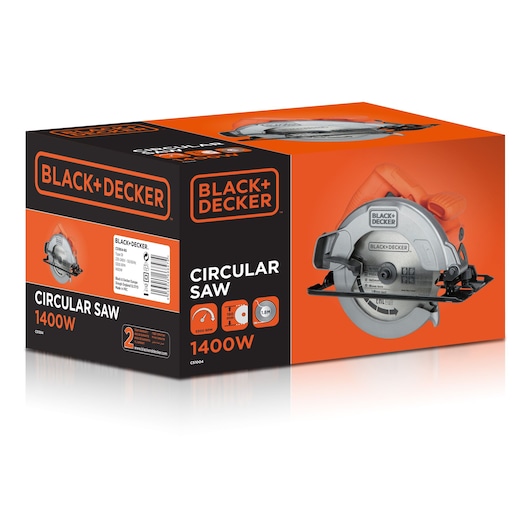 BLACK+DECKER CS1004-RU circular saw 1400W in black and orange retail packaging, front angle.