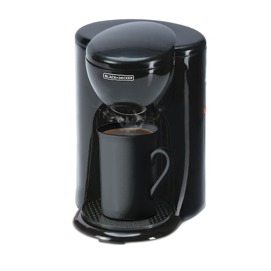 BLACKDECKER DCM25 black coffee maker with mug, front angle, coffee brewing, photography category.