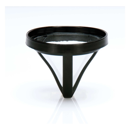 BLACKDECKER DCM25 coffee filter with black plastic frame and fine mesh, front angle on white background.