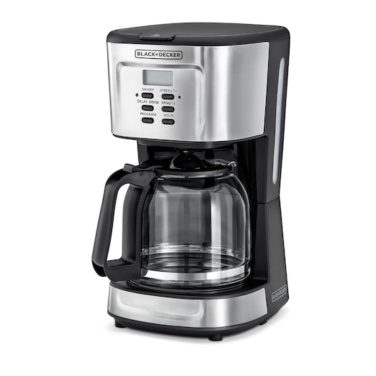 Photo of BLACK+DECKER drip coffee maker DCM85 with stainless steel front, digital display, and glass carafe, front angle.