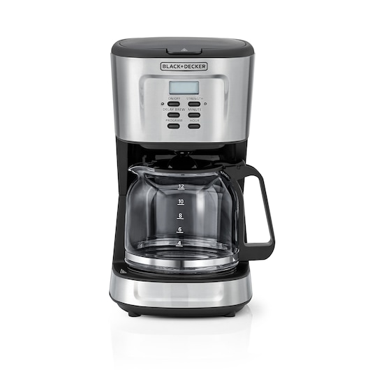 BLACK+DECKER DCM85 coffee maker with programmable display, glass carafe, front angle, silver and black design.